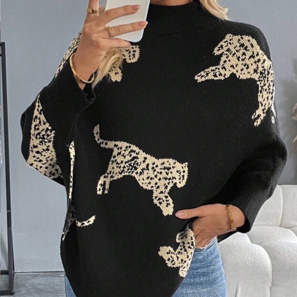 Women Leopard Pattern Stand Collar Batwing Sleeve Fashionable Poncho Sweater,